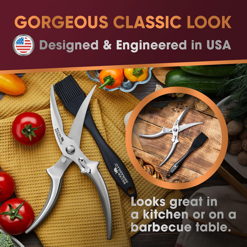 Heavy duty poultry shears, Kitchen Scissors for Bone, Chicken, Meat, Fish, Seafood and Vegetables, Spring Loaded food shear (Stainless Steel handles) Silver