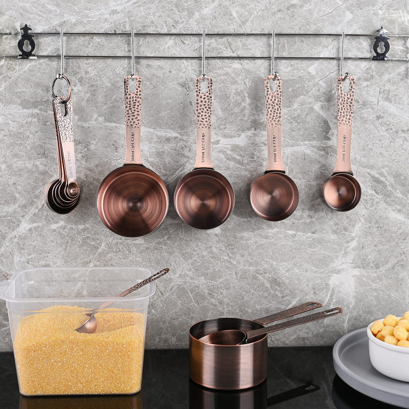 Copper & Stainless Steel Measuring Set - 6 Cups & 7 Spoons with Leveler Copper Set of 14