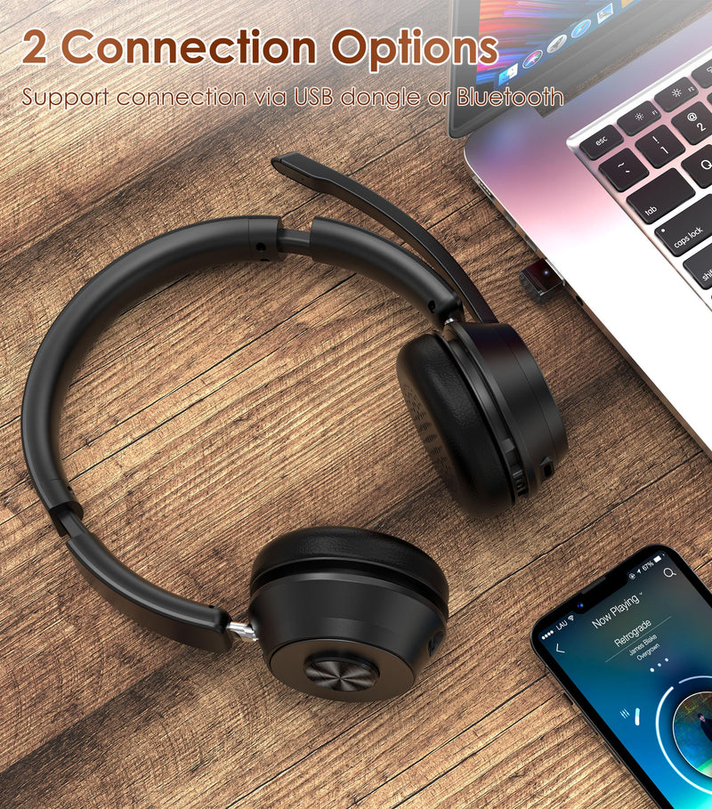 Wireless Headset with Mic for Work, Bluetooth Headset with Noise Cancelling | Headphones with Microphone Mute & USB Dongle for PC/Computer/Laptop/Cell Phones/Remote Work/Call Center (Black) Black