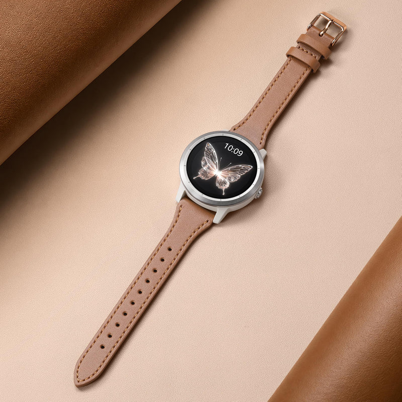 20mm Leather Watch Band Compatible with Garmin Vivoactive 5 Watch Bands, Vivoactive 6/3/Forerunner 165/55/245/645, Quick Release Genuine Slim Leather Strap for Venu Sq/Sq 2/Venu 2 Plus Women Brown 20mm
