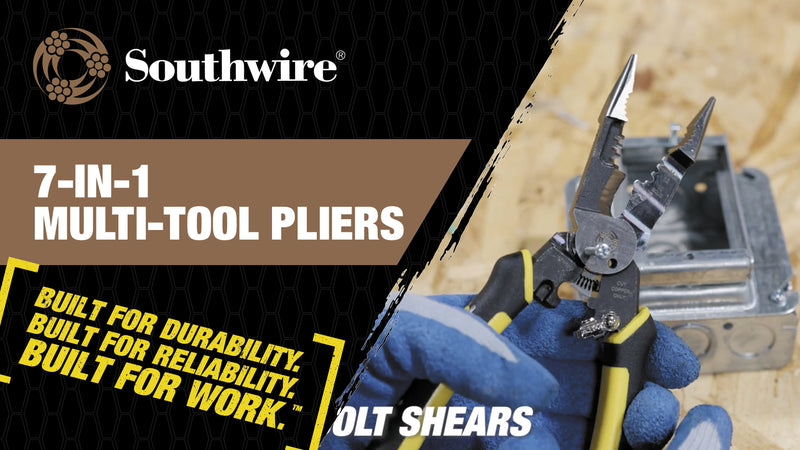 Southwire S7N1HD 7-In-1 Multi-Tool Plier: Shears 6-32 & 8-32 Bolts; Grips; Strips 10-14 AWG SOL & 12-16 AWG STR; Bolt spanner; Bolt shears; Crimper; Reamer; Heavy Duty Forged Steel Pack of 1 7-in-1 Heavy-Duty Multi-Tool Plier