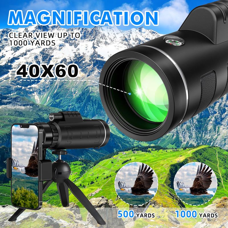 40x60 Monocular Telescope with Smartphone Adapter and Telescope Case High Powered Monocular, Compact Monocular for Wildlife, Hunting, Camping, Travel &Outdoor Adventures Black