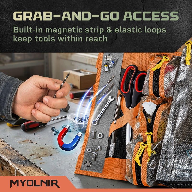 Roll Up Tool Bag Organizer With Kickstand - Full-Size 25" Heavy Duty Tool Roll Bag - Portable Rollup Toolbag With Magnetic Panels & Transparent Pockets - Mechanic, Electrician & Tradesperson Orange Black