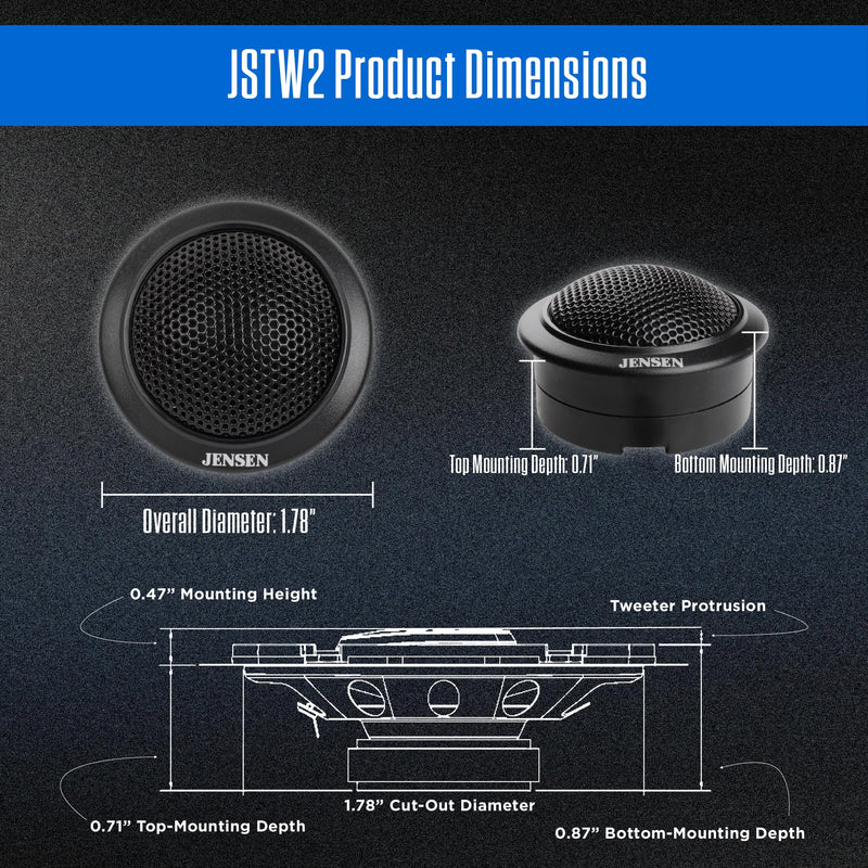 Jensen APEX JSTW2 2" Silk Dome Car Tweeters Pair 60W Peak Component Set | 25mm silk dome tweeters, 25mm KSV voice coil, 30W RMS power, crisp clear high tones, component add-on, not full-range