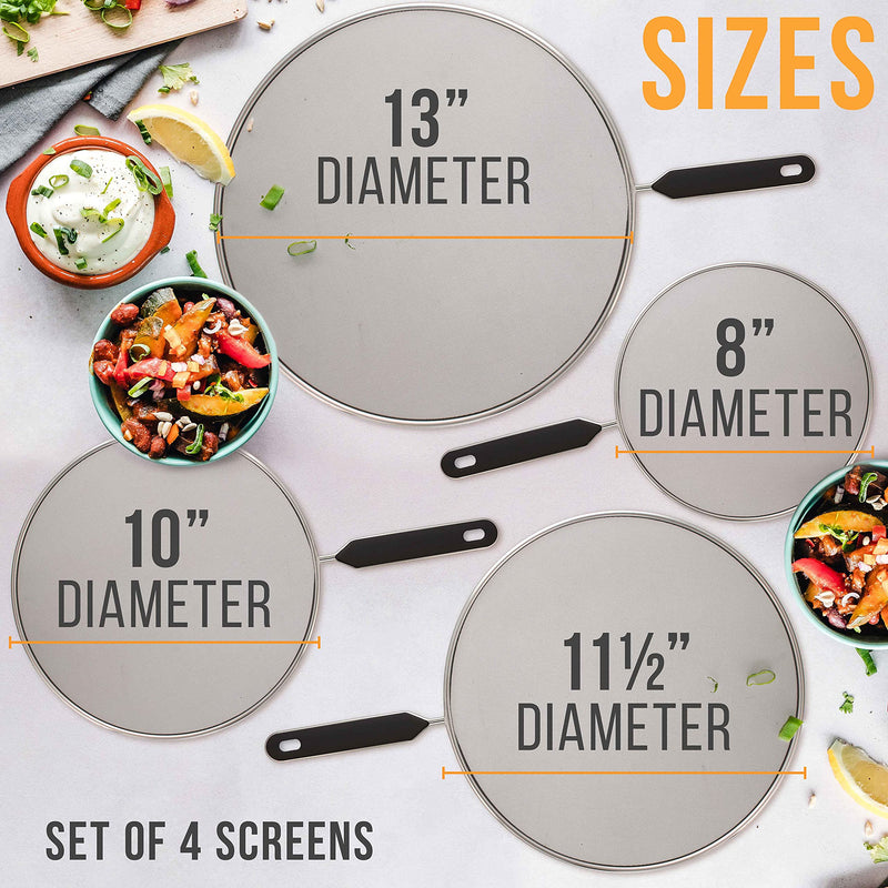 U.S. Kitchen Supply 4-Piece Stainless Steel Splatter Guard Set (13", 11.5", 10",8”) Fine Mesh Cover, Grease & Oil, Splatter Screen for Frying Pan, Cooking Pots, with Comfort Grip Handles 13", 11.5", 10", and 8"