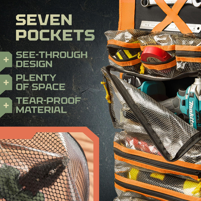 Roll Up Tool Bag Organizer With Kickstand - Full-Size 25" Heavy Duty Tool Roll Bag - Portable Rollup Toolbag With Magnetic Panels & Transparent Pockets - Mechanic, Electrician & Tradesperson Orange Black