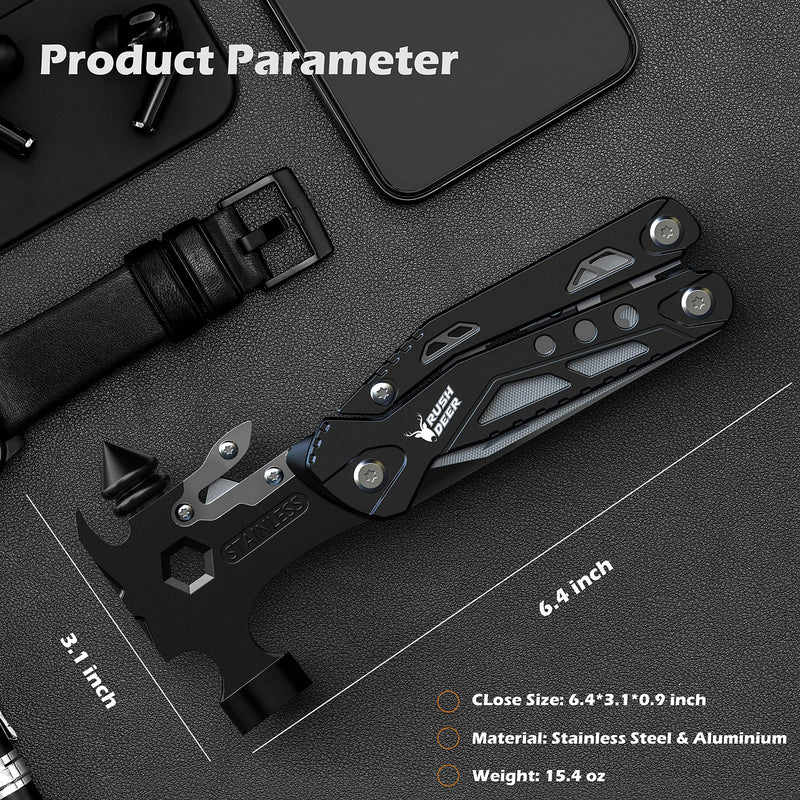 Rush Deer Camping Essentials Multitool,16 in 1 Multi Tool Survival Gear with Hammer, Pliers, Knife, Screwdrivers, Bottle Opener & Car Safety Hammer, for Camping, Hiking, Gift for Dad Him Upgraded Version