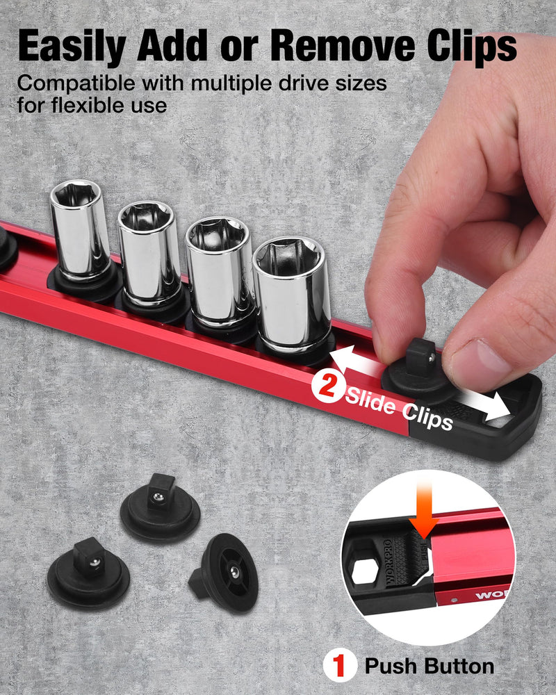 WORKPRO Magnetic Socket Organizer Set, 1/2" 3/8" 1/4" Drive Aluminum Alloy Socket Holder with Removable Socket Clips for Quick Customization, 6PC Socket Rail for Tool Box Drawer (Sockets Excluded) 6 Pieces-1/4", 3/8" & 1/2" DR Red & Blue