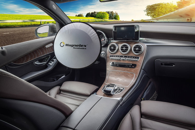 Magnelex Car Windshield Sunshade with Bonus Steering Wheel Sun Shade. Reflective Polyester Blocks Heat and Sun. Foldable Sun Shield That Keeps Your Vehicle Cool (Large 63 x 33.8 in) LARGE - (63" x 33.8")