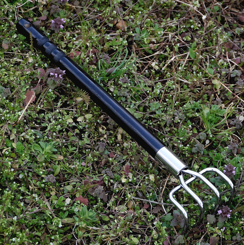 Japanese Garden Rake Cultivator Long Handle 19" Heavy Duty Japanese Steel 4 Claw Wood Handle, Made in Japan, Hand Cultivator Tool for Digging, Weeding, Cultivating, Silver