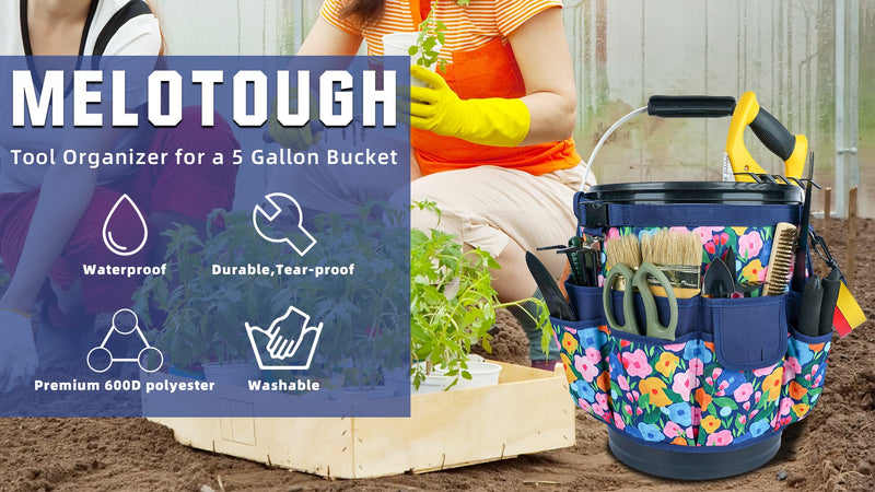 MELOTOUGH Bucket Caddy Organizer Bucket Tool Organizer for Garden Tools Fit 3.5 to 5 Gallon Bucket (Blue Flower) Blue Flower
