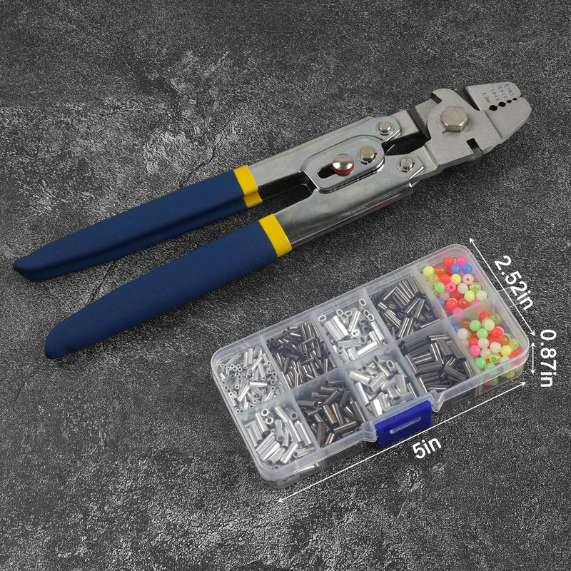 Fishing Crimping Tool Kit Stainless Steel Crimp Pliers Wire Rope Crimping Tool + 590pcs Crimp Sleeves Beads Kit,8 Crimping Sizes
