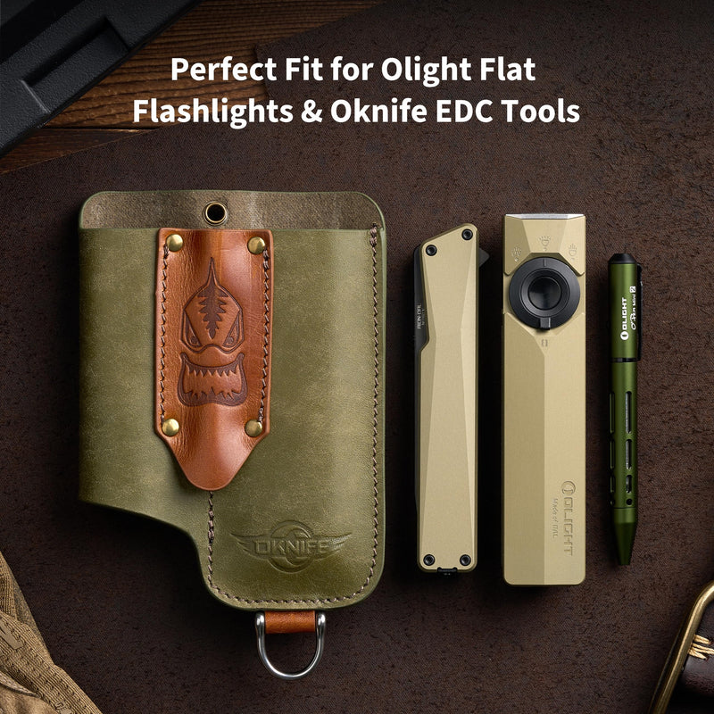 OKNIFE Osheath S1 3 in1 Leather Sheath for Flat Flashlight, Pocket Knife, Mini Pen, EDC Kit Belt Organizer for Belt with Horseshoe Buckle Keychain