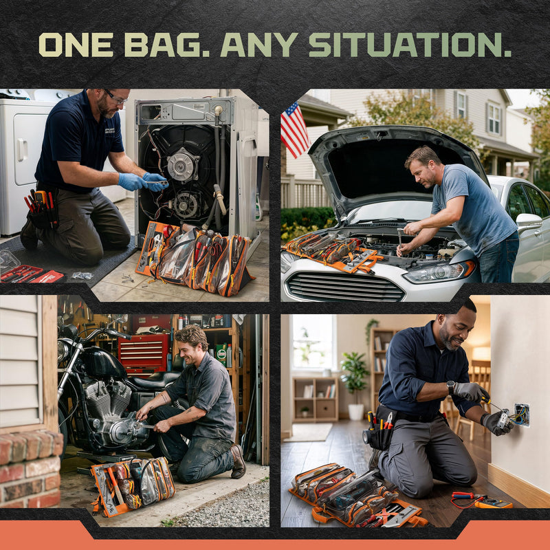 Roll Up Tool Bag Organizer With Kickstand - Full-Size 25" Heavy Duty Tool Roll Bag - Portable Rollup Toolbag With Magnetic Panels & Transparent Pockets - Mechanic, Electrician & Tradesperson Orange Black