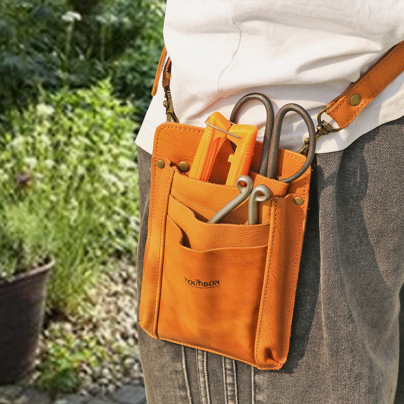 Leather Multi-Way Florist Tool Pouch - 4 Pocket Waist Shoulder Gardener Bag