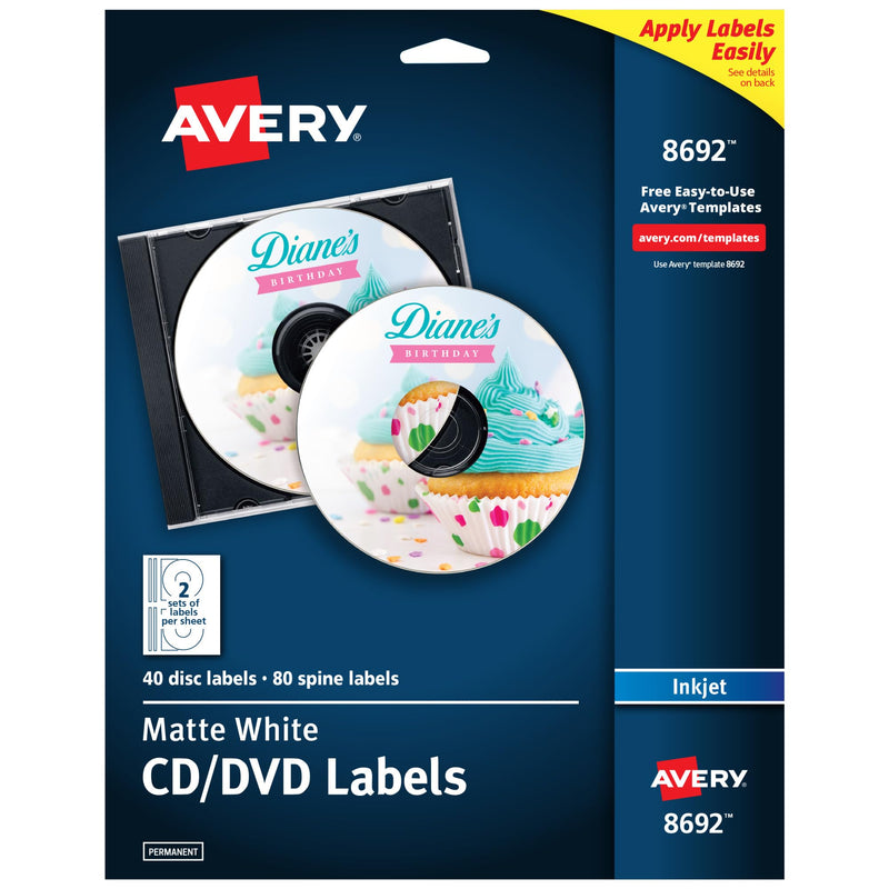 Avery Printable CD Labels, Matte White, Permanent Adhesive for Inkjet Printers, Includes 40 CD & 80 Spine Sticker Labels to Write On (8692) 20 Sheets