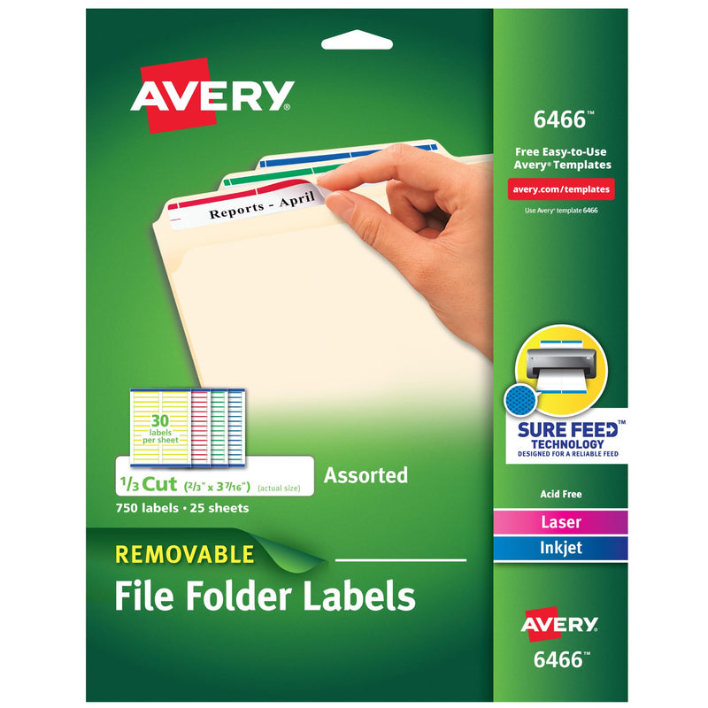 Avery File Folder Labels with Sure Feed, 2/3" x 3-7/16", 750 Printable Labels, Removable, Assorted (6466) One Size