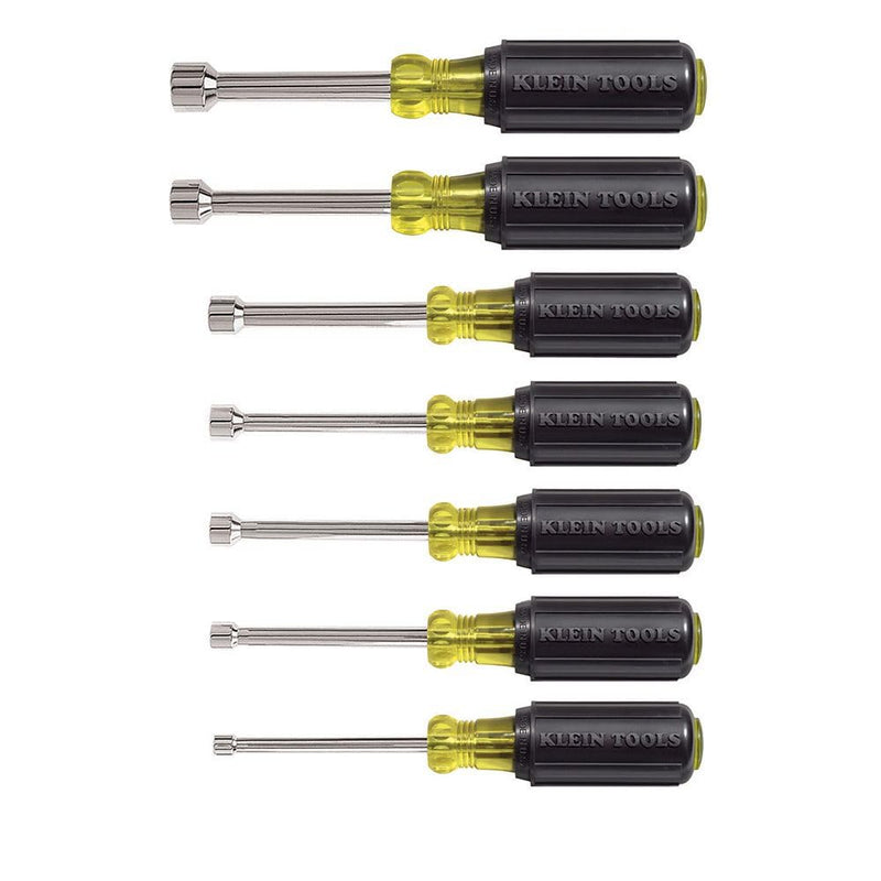 Klein Tools 631 Tool Set, Made in USA, Nut Driver Set w/Hex Nut Sizes 3/16, 1/4, 5/16, 11/32, 3/8, 7/16 and 1/2-Inch on 3-Inch Full Hollow Shaft, 7-Piece Non-Magentic