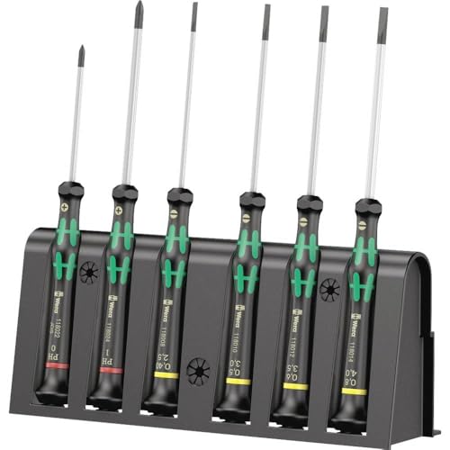 Wera 2035/6 Kraftform MicroSlotted/Phillips Electronics Screwdriver Set and Rack, 6-Piece Slotted: 2.5x80 mm, 3x80 mm, 3.5x80 mm, 4x80 mm
