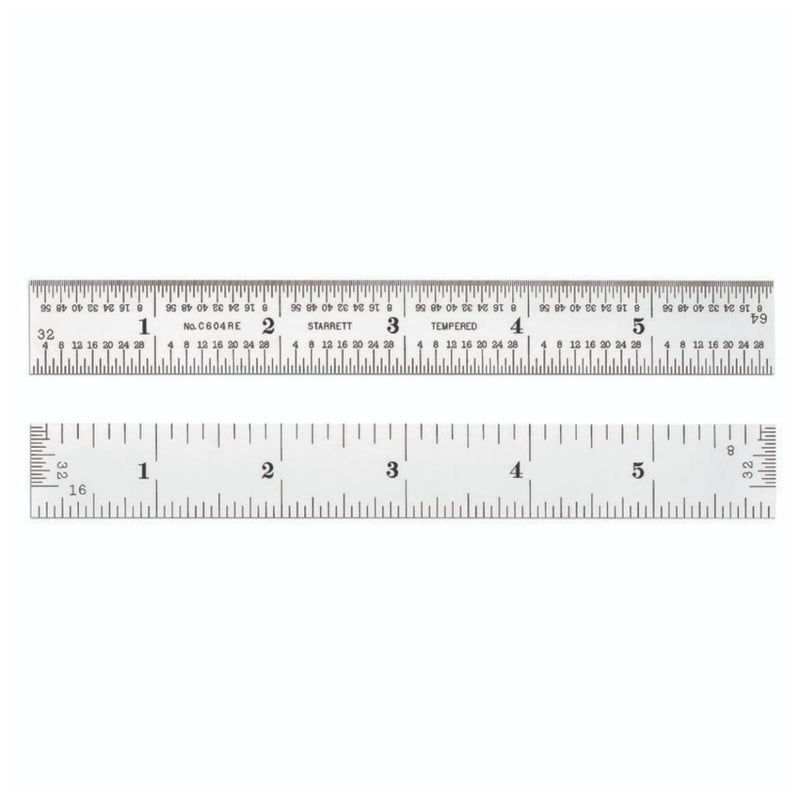 Starrett Spring Tempered Steel Rule with Satin Chrome Finish, Quick Reading and Inch Graduation - 6" Length, 4R Graduation Type, 3/64" Thickness - C604RE-6