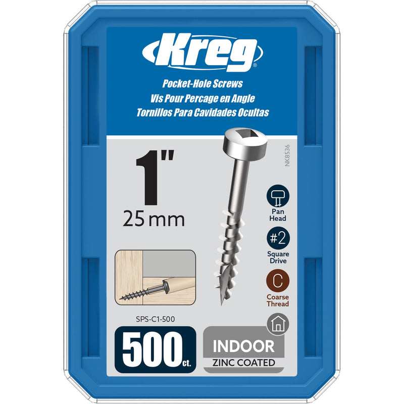 Kreg Zinc Pocket-Hole Screws - SPS-C1-500 - 1-Inch - Coarse Thread - Pan Head - Indoor - 500 Count