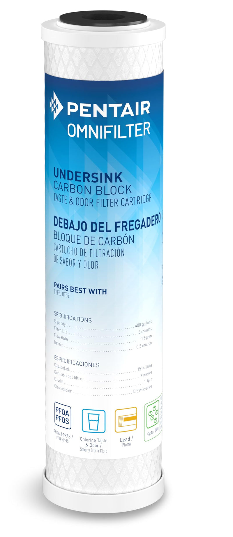 Pentair OmniFilter CB3 Water 10" Under Sink Carbon Block Taste & Odor Replacement Filter Cartridge, 10" x 2.5", 0.5 Micron, White, (CB3-SS)