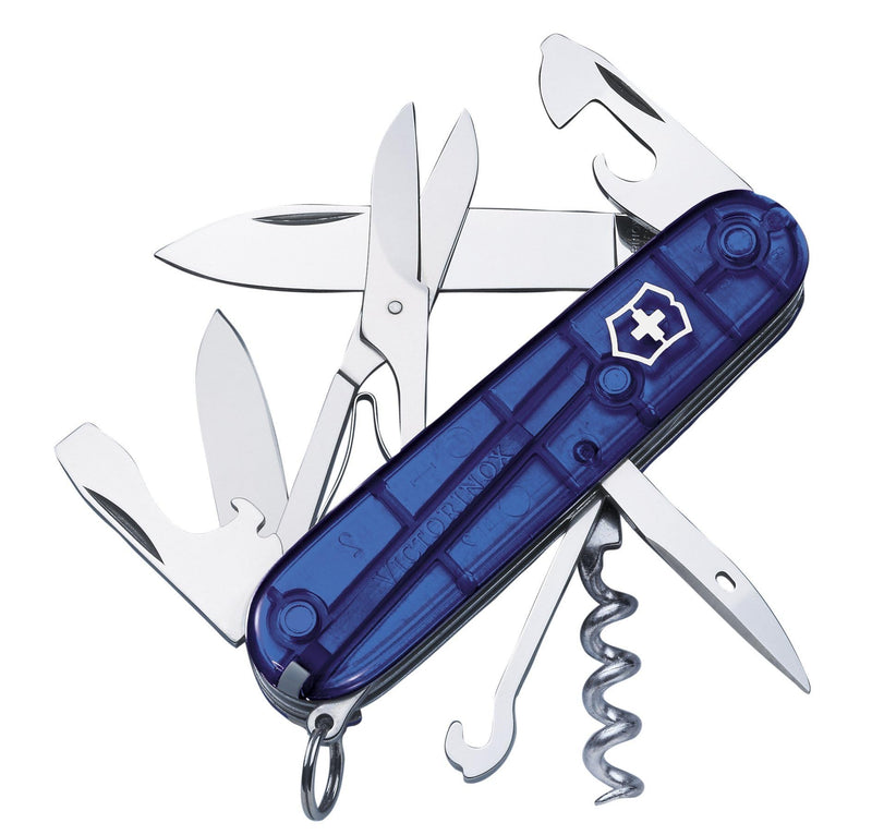Victorinox Climber Swiss Army, 14-Function Pocket Knife, Blue Transparent | 14 Function, Swiss Made Pocket Knife, with 2 Blades, Corkscrew and Screwdriver Sapphire