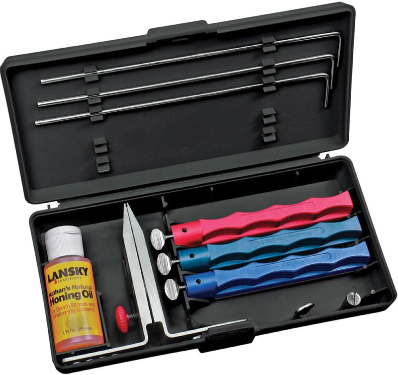 Lansky Standard Knife Sharpening System: 3-Stone Ceramic Knife Sharpener Kit with Honing Oil - LKC03