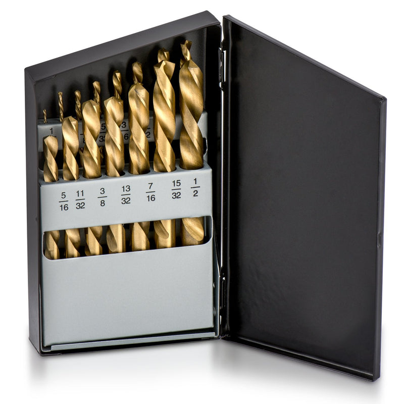 NEIKO 10037A Left-Hand Drill-Bit Set, High-Speed Steel Drills with Titanium Nitride Coating, Reverse-Twist Drill Bits, SAE Sizes, 15-Piece Set Left-Handed Drill Bit 15 Piece