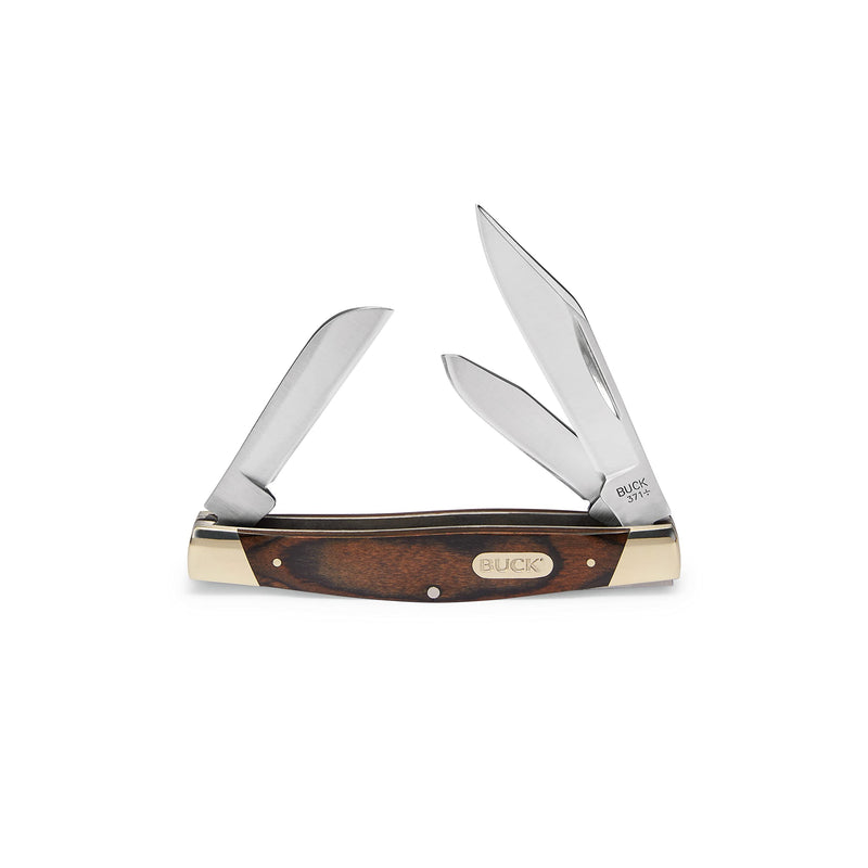 Buck Knives 371 Stockman 3-Blade Folding Pocket Knife, Woodgrain Inlay Handle with Nickel Silver Bolsters, 420J2 Steel Clip, Spey, and Sheepsfoot Blades, EDC Multi-Blade Pocket Knife, 3.1 oz Brown