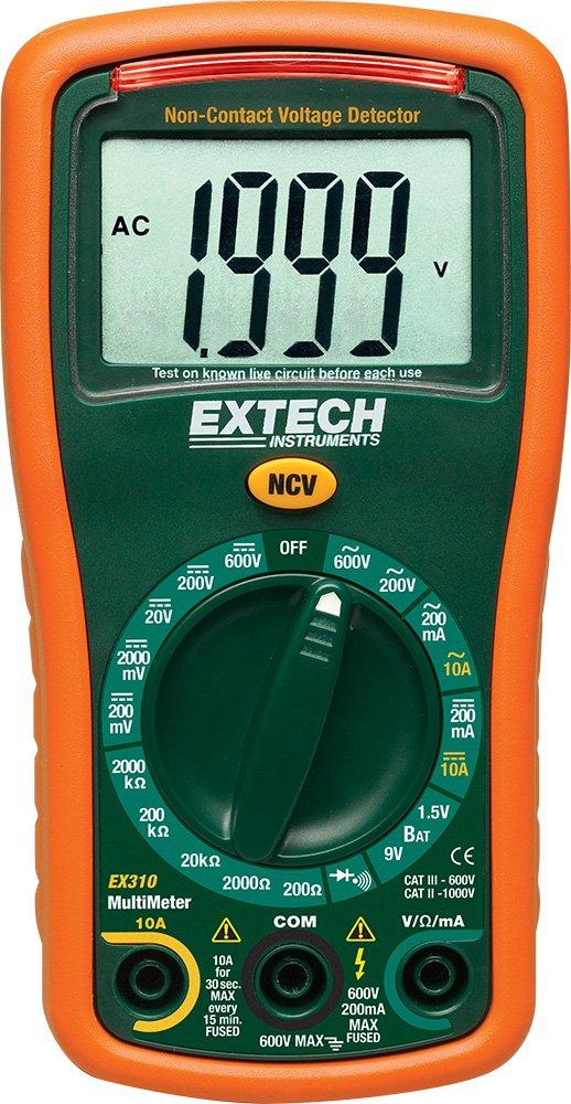 Extech EX310 Mini Digital Multimeter with NCV Detector - 2000-Count Large LCD, 0.5% Basic Accuracy, AC/DC Voltage & Current, Resistance, Diode/Continuity, Compact Manual Ranging Multimeter | AC/DC voltage and current to 10A, resistance, diode, continui...