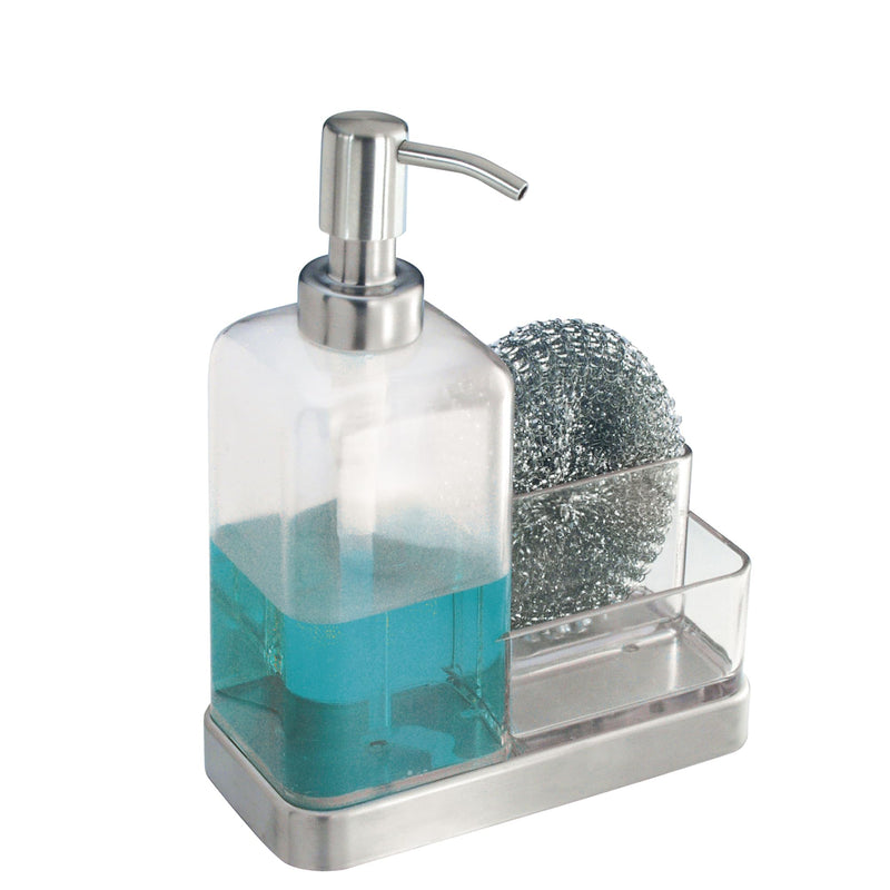 iDesign 67080 Forma Plastic Soap Pump with Caddy, Dispenser with Storage Compartment for Bathroom, Kitchen Countertops, Sinks, Set of 1, Stainless Clear/Brushed Ss
