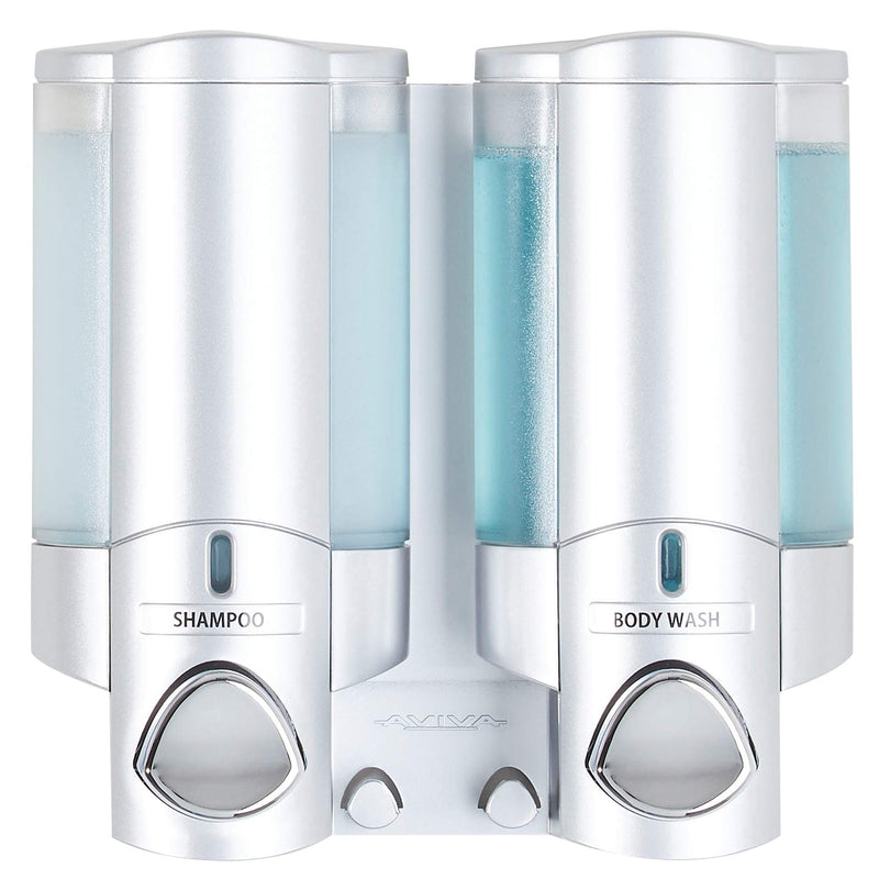 Better Living Aviva Shower Dispenser 2 Chamber, Wall Mount Shower Soap Dispenser for Bathroom Hotel Body Wash, Built-in Hooks, No Drill, Waterproof Shampoo Soap Dispenser, 2 x 11 oz, Satin Silver 2-Chamber