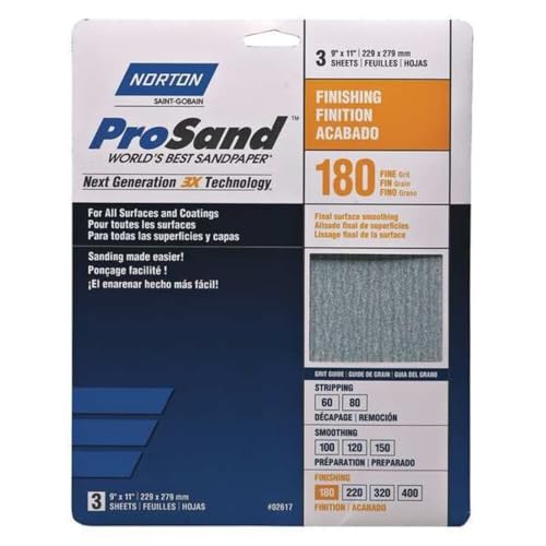 Norton 9" x 11" 02637 ProSand Sanding Sheet 180 Grit, Job Pack