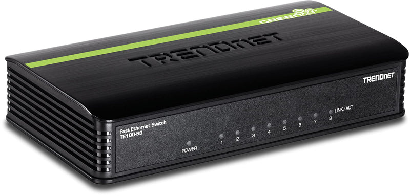 TRENDnet 8-Port Unmanaged 10/100 Mbps GREENnet Ethernet Desktop Switch, TE100-S8, 8 x 10/100 Mbps Ethernet Ports, 1.6 Gbps Switching Capacity, Plastic Housing, Network Ethernet Switch, Plug & Play Black Fast Ethernet