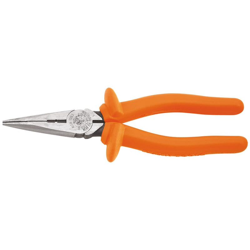 Klein Tools D203-8N-INS Insulated Long Nose Side-Cutting/Stripping Pliers, Forged Steel Covered in Two Layers of Insulation 8-Inch Heavy-Duty/Skinning