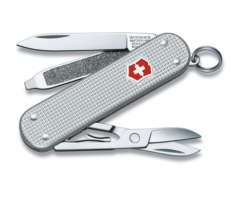 Victorinox Swiss Army Classic Pocket Knife (Silver Alox) | Swiss-made pocket knife, 5 functions, silver Alox scales, keychain carry, everyday tasks, compact EDC Classic SD Alox