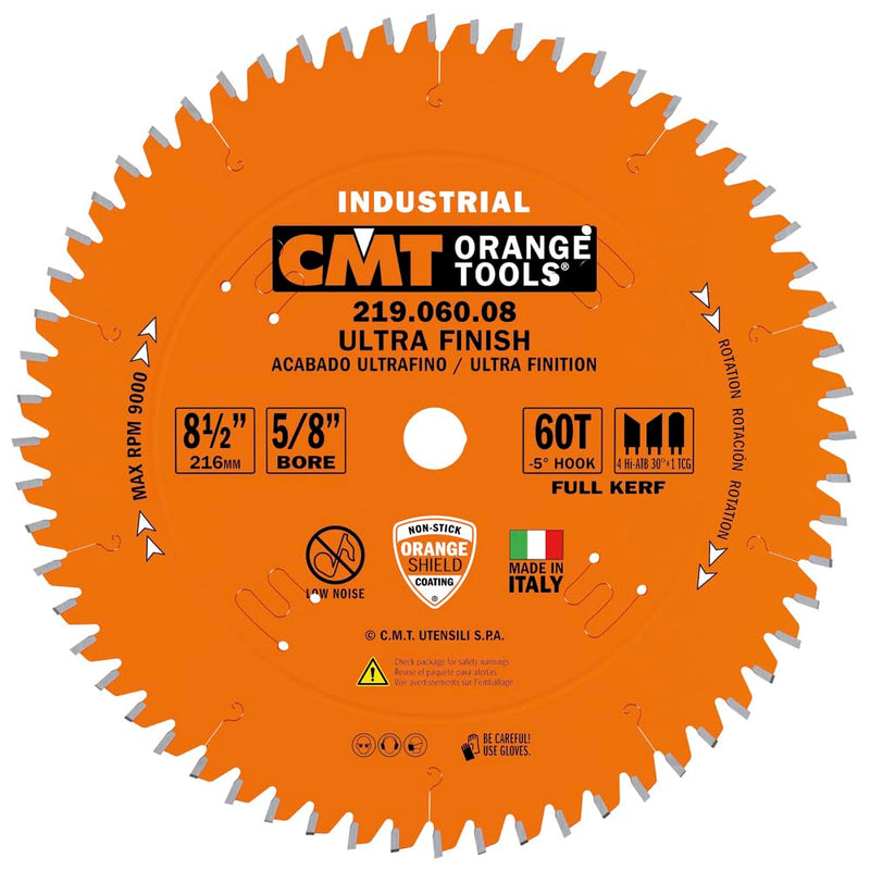 CMT Orange Tools 219.060.08 - Sliding Compound Miter Saw Blade HW D=8-1/2 B=5/8 Z60 K=0.118 P=0.100 a=-5 D 8-1/2-Inch | T 60 | B 5/8-Inch