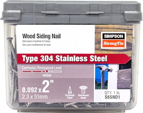 Simpson Strong-Tie S6SND1 Ring-Shank Wood Siding Nail, 2 Inch x 0.092 Inch, 13 Gauge, Full Round Head, Diamond Point, Type 304 Stainless Steel (Pack of 120) 2"