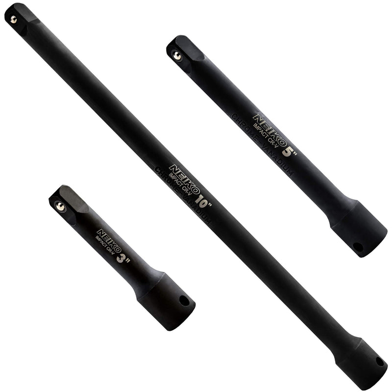 NEIKO 00234A 3/8-Inch-Drive Impact Extension-Bar Set, Made with CrV Steel, 3-Inch, 5-Inch, and 10-Inch Sizes, 3-Piece Set 3/8" DR 3 Piece, (3", 5", 10")