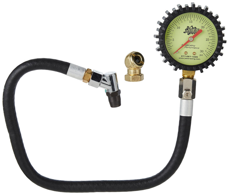 Joes Racing Products Tire Pressure Gauge, Glow in The Dark, 0-30 psi, Analog, 2-1/2 in Diameter, White Face, 1 lb Increments, Each