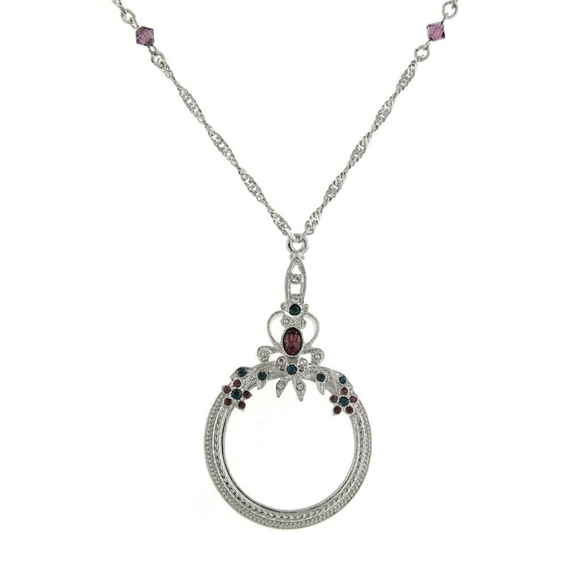 1928 Jewelry Floral Crystal Magnifying Glass Necklace For Women 30" - Magnification Power: 2X, Multifunctional Magnifier Perfect For Reading Menus, Labels, Books, Magazines Silver