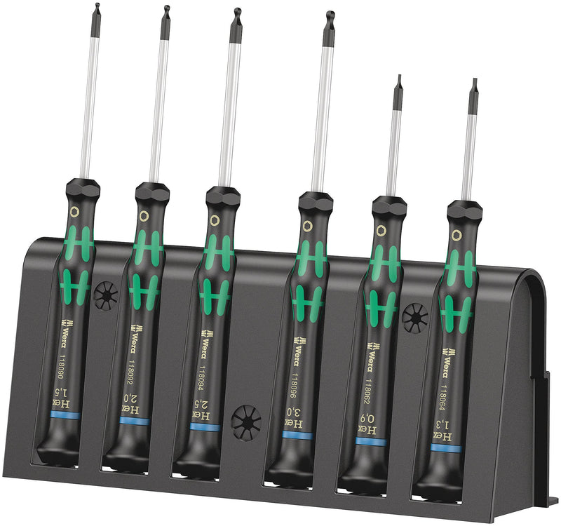 Wera 2052/6 Kraftform Micro Ballhead Hexagon Electronics Screwdriver Set and Rack, 6-Piece Ball-End: 1.5x60mm, 2x60mm, 2.5x60mm, 3x60mm, 0.9x40mm, 1.3x90mm