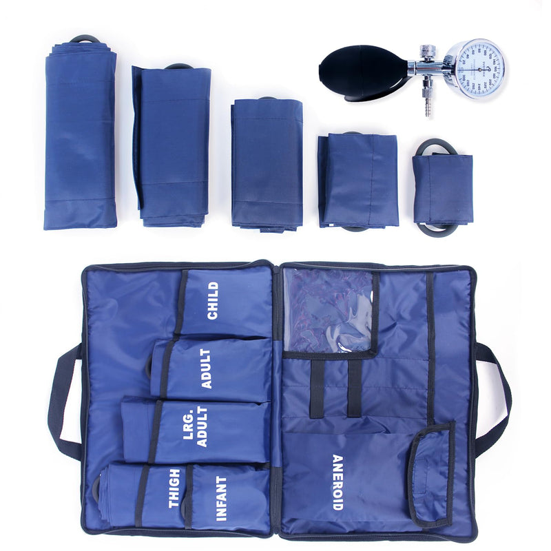 Dixie EMS Aneroid Sphygmomanometer Kit, Manual Blood Pressure Monitor Set with 5 Cuffs for Infant, Child, Adult, Large Adult, Thigh, & Carrying Case – Blue Navy Blue