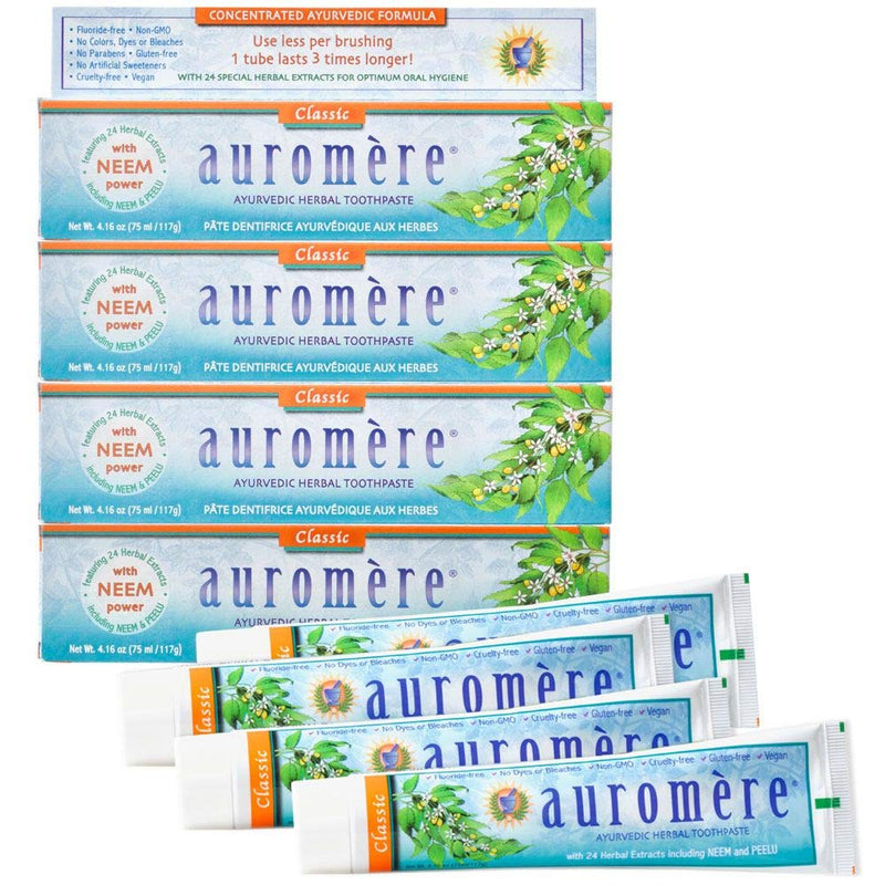 Auromere Ayurvedic Herbal Neem & Clove Toothpaste - All Natural Fluoride Free Toothpaste for Adults and Kids, Suitable for Sensitive Teeth, SLS-Free, Non GMO, Vegan, Cruelty-Free - 4 Pack Mint 4.16 Ounce (Pack of 4)