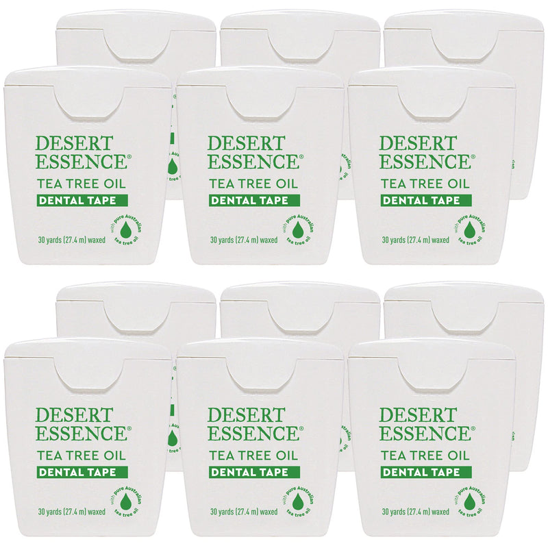 Desert Essence Tea Tree Oil Dental Tape - 12 Count (Pack of 1) - Naturally Waxed w/Beeswax - Thick Flossing No Shred Tape - On The Go - Removes Food Debris Buildup - Cruelty-Free Antiseptic 1080 Foot (Pack of 1)