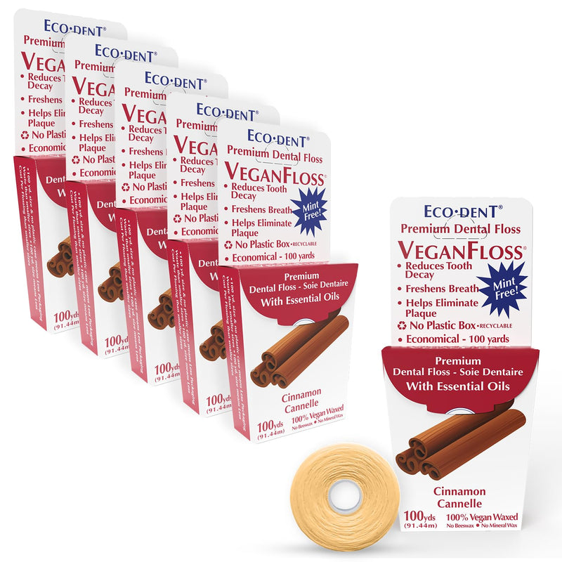 Eco-Dent VeganFloss Dental Floss, Waxed, Cinnamon - Floss with Vegan Plant-Based Wax, Recyclable Cardboard Packaging, 100 Yds (Pack of 6) 600 Count (Pack of 1)