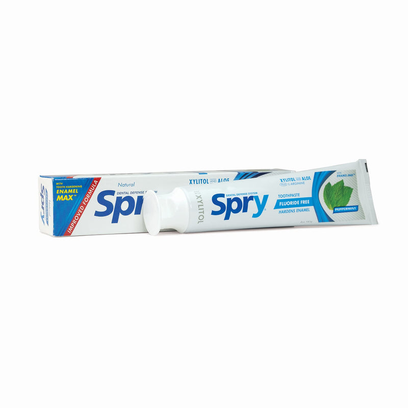 Spry Natural Xylitol Toothpaste 5oz for Adults and Kids - Fluoride Free, Gentle for Sensitive Teeth Whitening and Remineralizing, Breath Freshening, Mouth Moisturizing, Peppermint (Pack of 6)