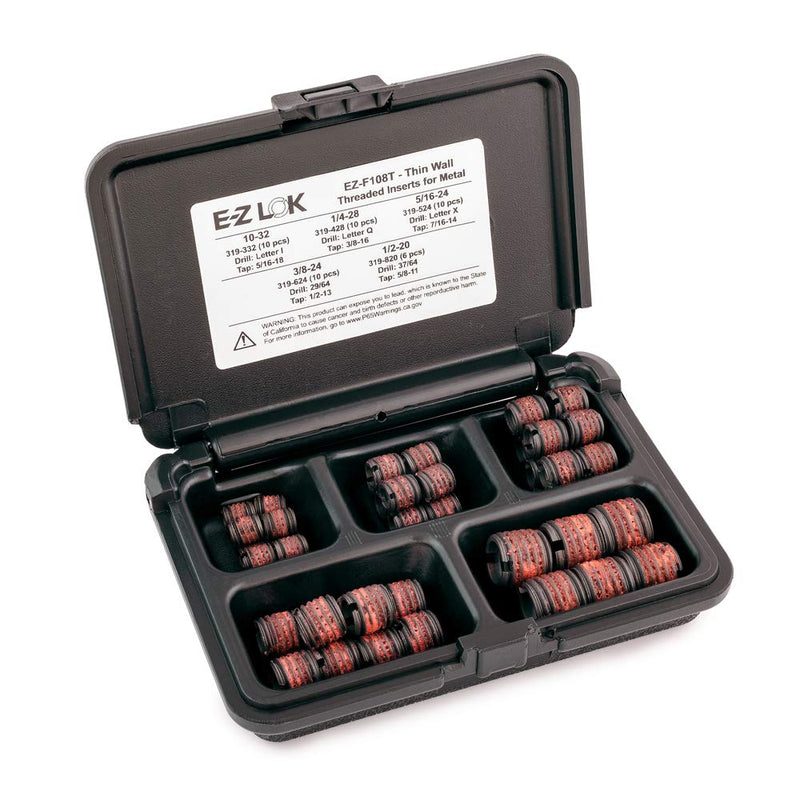 E-Z LOK Threaded Inserts For Metal; Assortment Kit; Carbon Steel; Thin Wall; UNF Internal Threads, 10-32, 1/4-28, 5/16-24, 3/8-24, 1/2-20; 46 pieces Carbon Steel, Thin Wall
