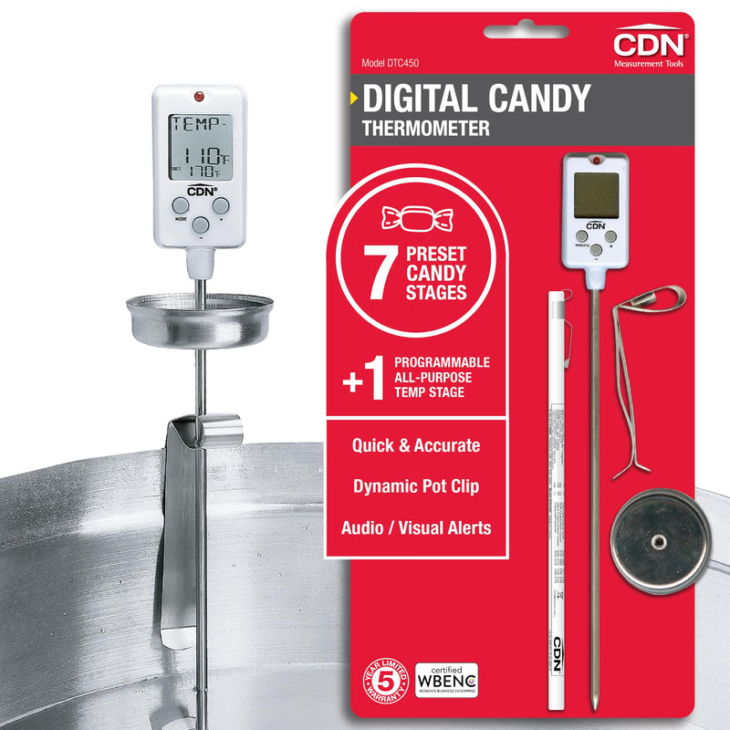 CDN Digital Candy Thermometer Long 8'' Stainless Steel Stem, Adjustable Pot Clip, Preset Candy Stages with Audio/Visual Alerts, Instant Read For Cooking, Deep Frying & Oil - DTC450